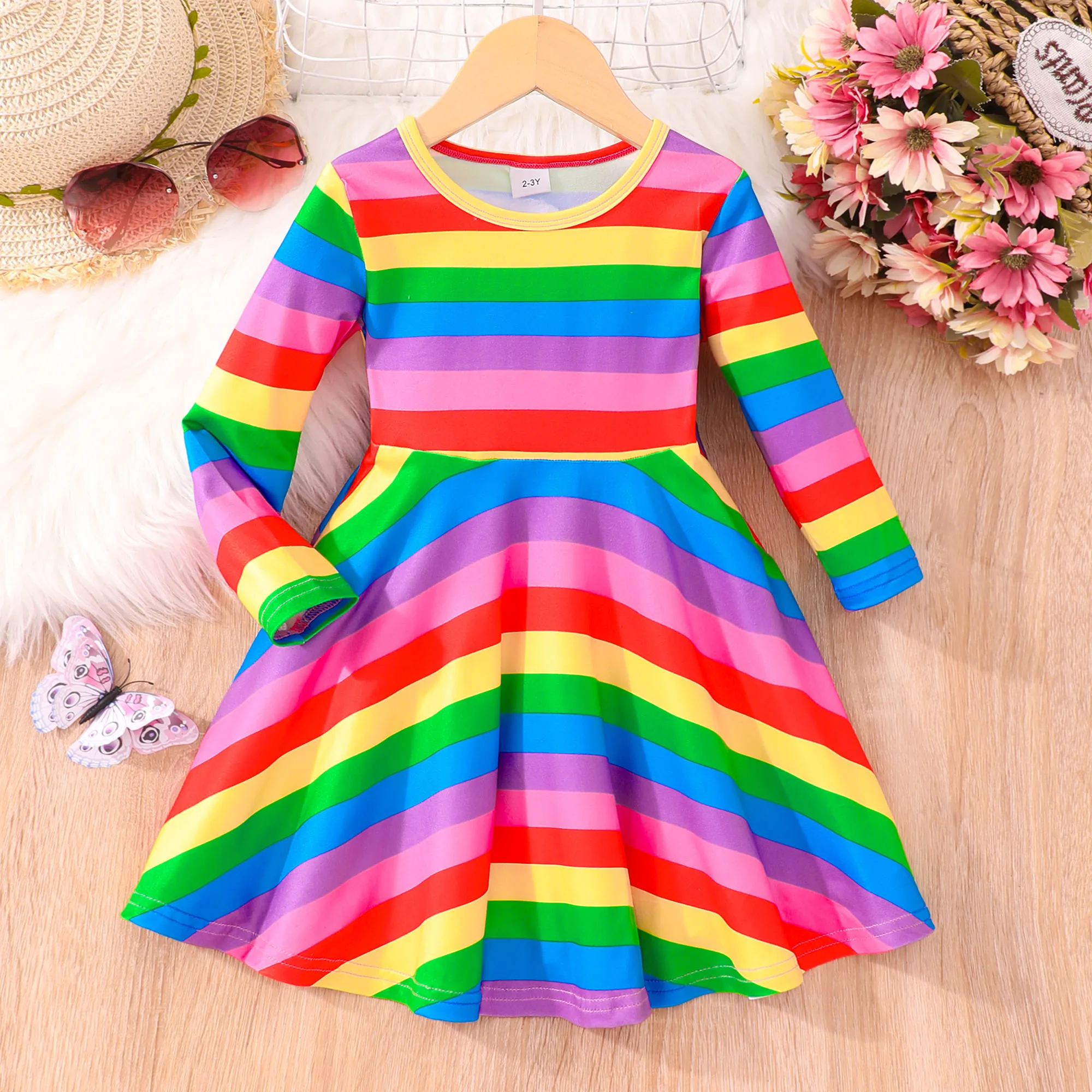 2023 Dress Baby Girl Kids Clothes Rainbow Summer Autumn Long Sleeve Festival Children Party Princess Dresses 2 3 4 5 6 7 Years