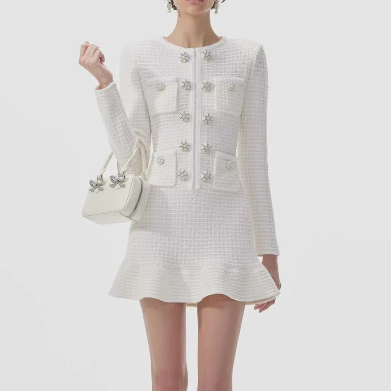 

Spring And Autumn New Fashionable Atmosphere Commuting Elegant Button Knitted Round Neck Woolen Slimming Long Sleeve Dress