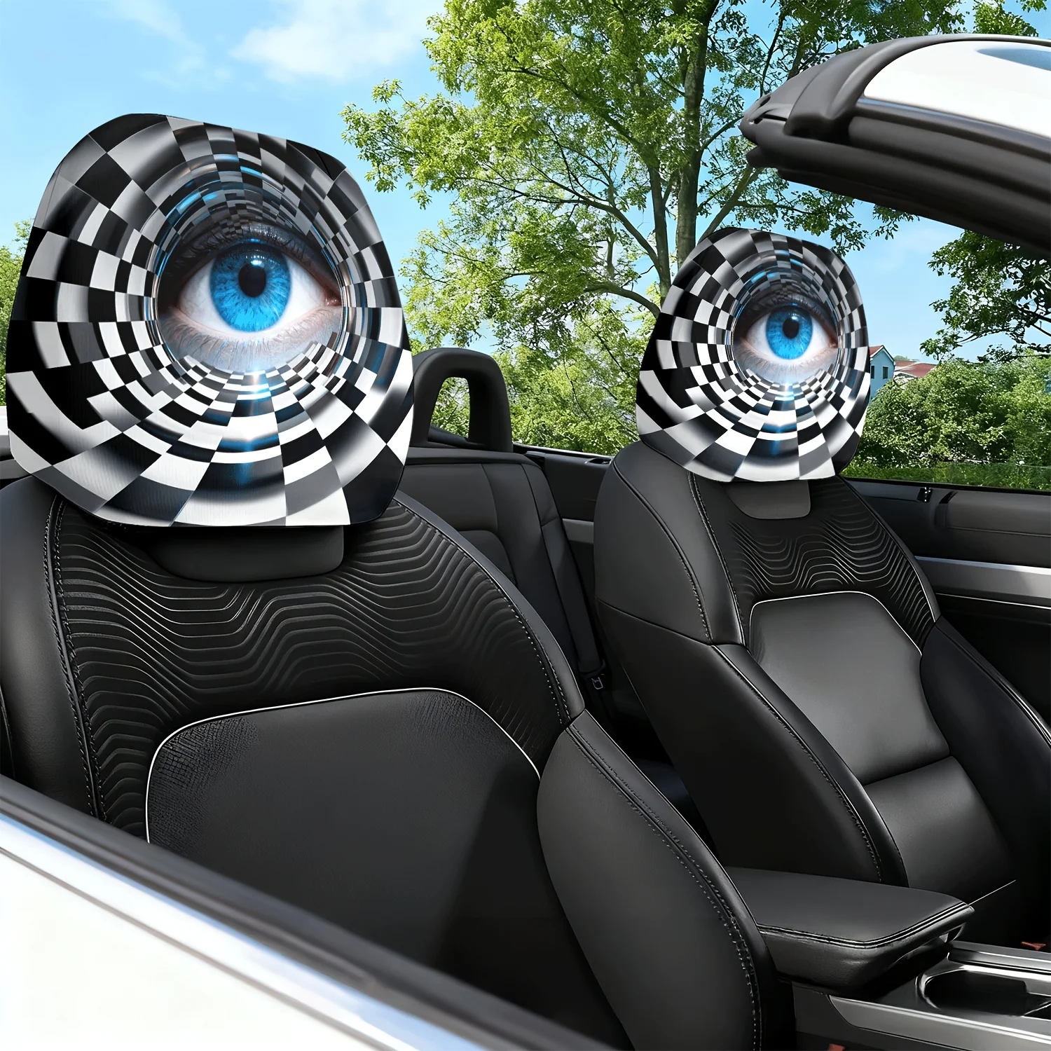 2pcs Car Headrest Covers with Blue-Eyed Black and White Checkered Themed Print Pattern, Car Seat Cushion Headrest Neck Pillow