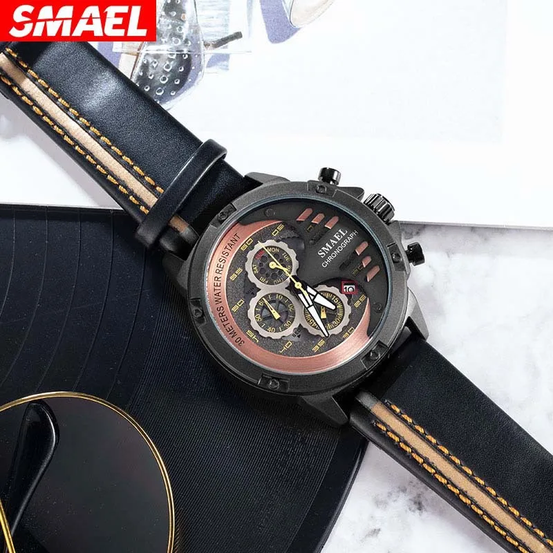 Smael Smael مضيئة شخصية العصرية ساعة كوارتز مقاوم للماء متعددة الوظائف ساعة رياضية للرجال