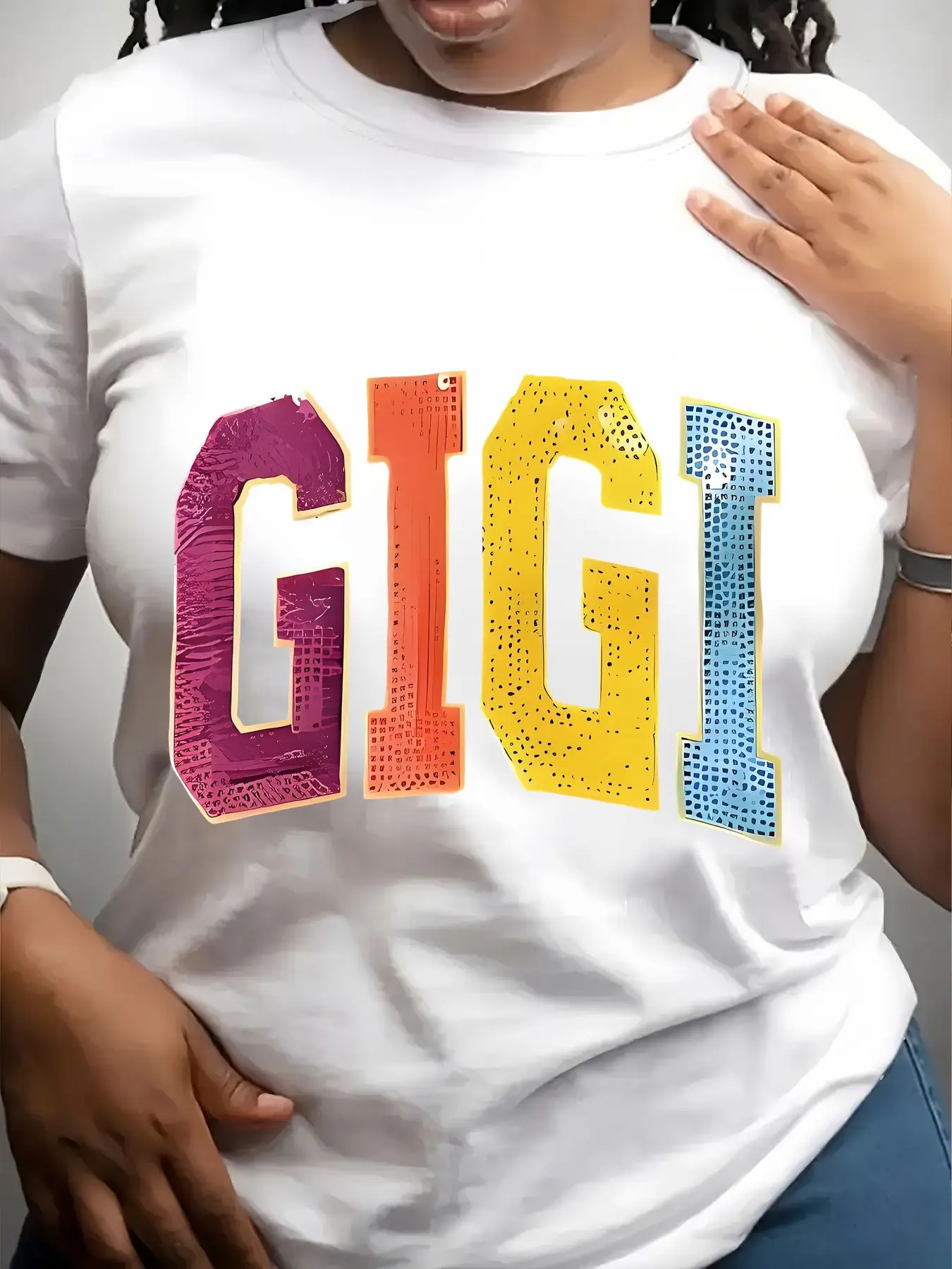Women's Trendy Crew Neck T-Shirt Colorful Textured Gigi Letter Print Suitable for Casual Sportswear