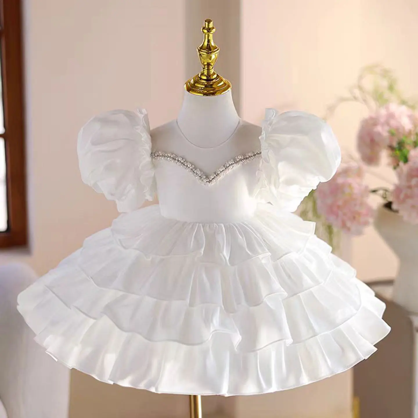 Dreamy Vow Elegant White Baby Girl Dress for Kids Wedding Birthday Celebration Party First Communion Knee Length Ball Gown J778