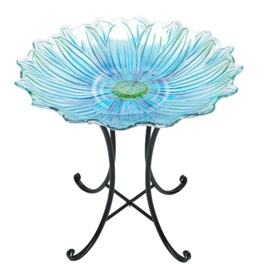 

Outdoor glass birdbath with metal stand for yard garden decor, blue, 18 inch diameter bowl and 21 inch height, weather-resistan