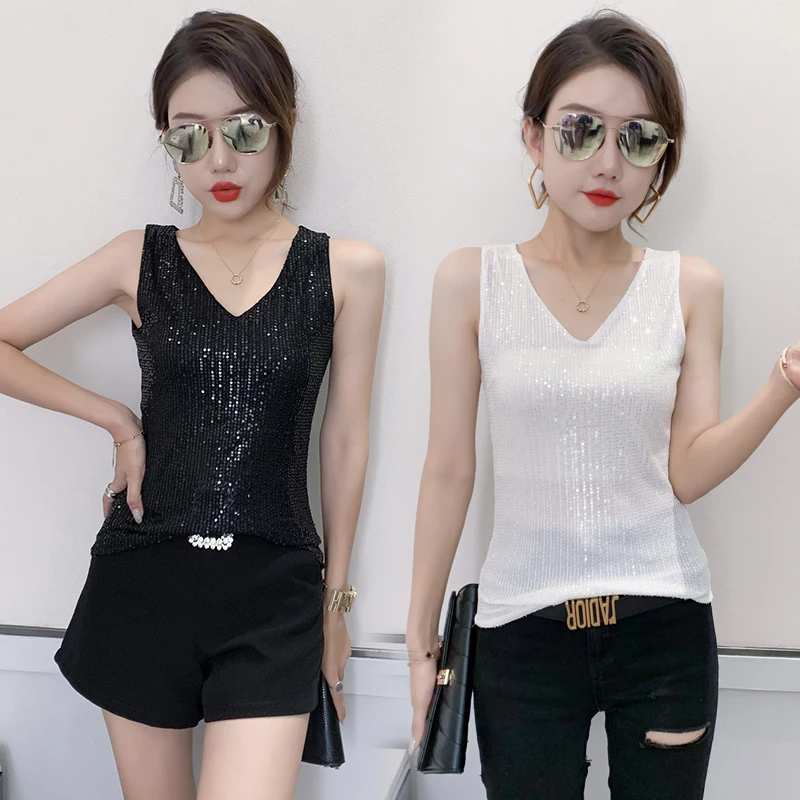 MadBlack European Clothing Tank Tops Women Sexy V Necks Glitter Sequin Slim Two Layer Mesh Tshirt Sleeveless Tee Summee T37058JC