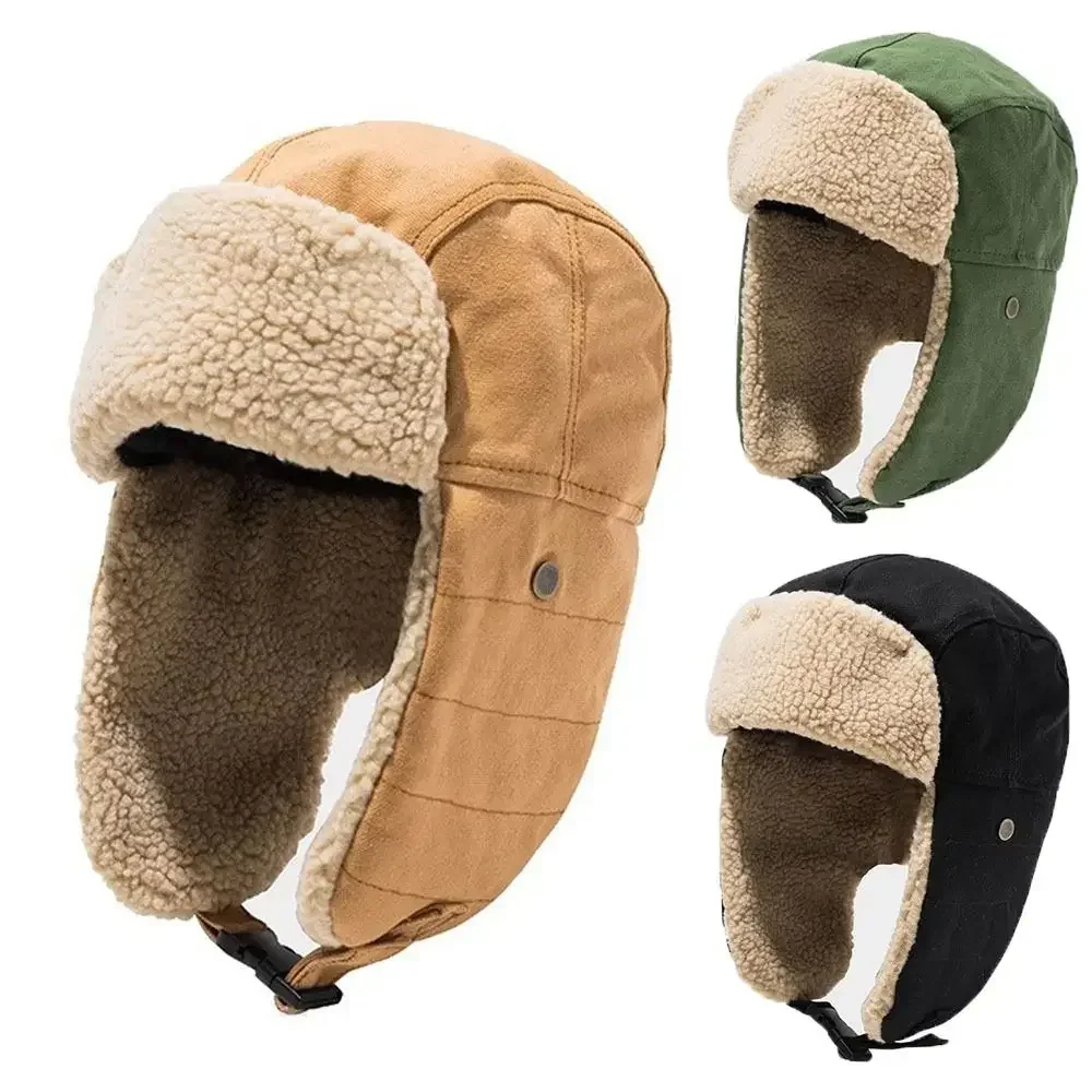 

Winter Thick Warm Ear Protection Hats Bomber Hat Unisex Men Women Solid Earflap Windproof Beanie Cap With Fleece