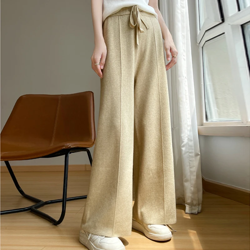 2024 Women\'s Cashmere Pants Sports Pants Women\'s Autumn and Winter High Waist Drawstring Warm Pants Knitted Cashmere Warm Pants