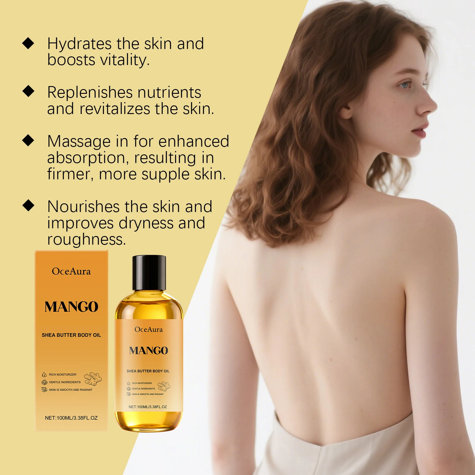زيت الجسم المضاد للشيخوخة من المانجو والشيا لشد الجسم لتحسين الجفاف والخشونة، زيت العناية بالبشرة المغذي والترطيب