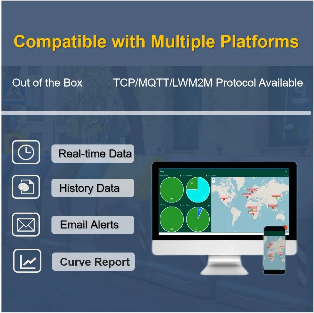 Dingtek DF703 Transdutor de nível de lixo sem fio inteligente compatível com IoT Transdutor ultrassônico de distância/nível