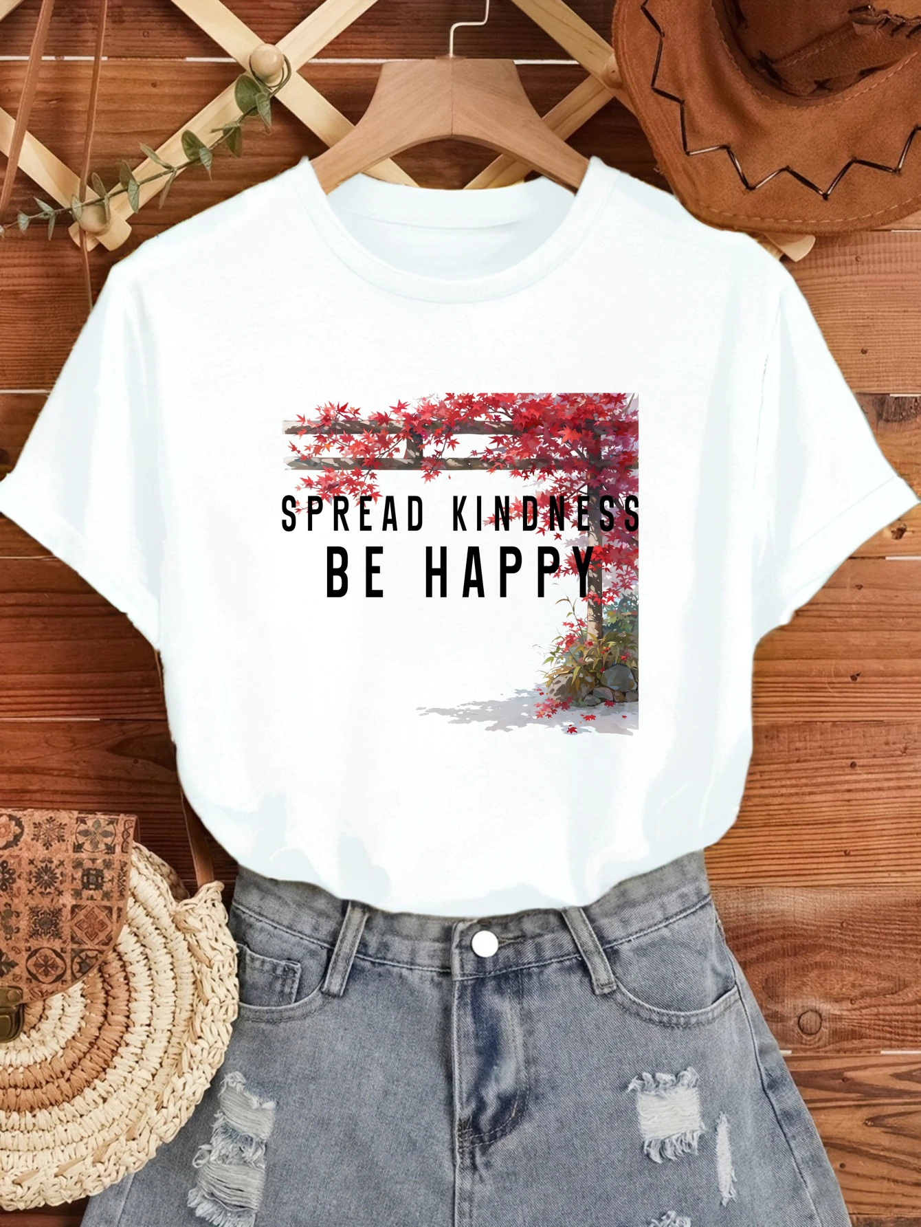 

Women's T-shirts Chinese style Printed t shirt Crewneck Casual 100% cotton Spread Kindness Be Happy printed tee Anime