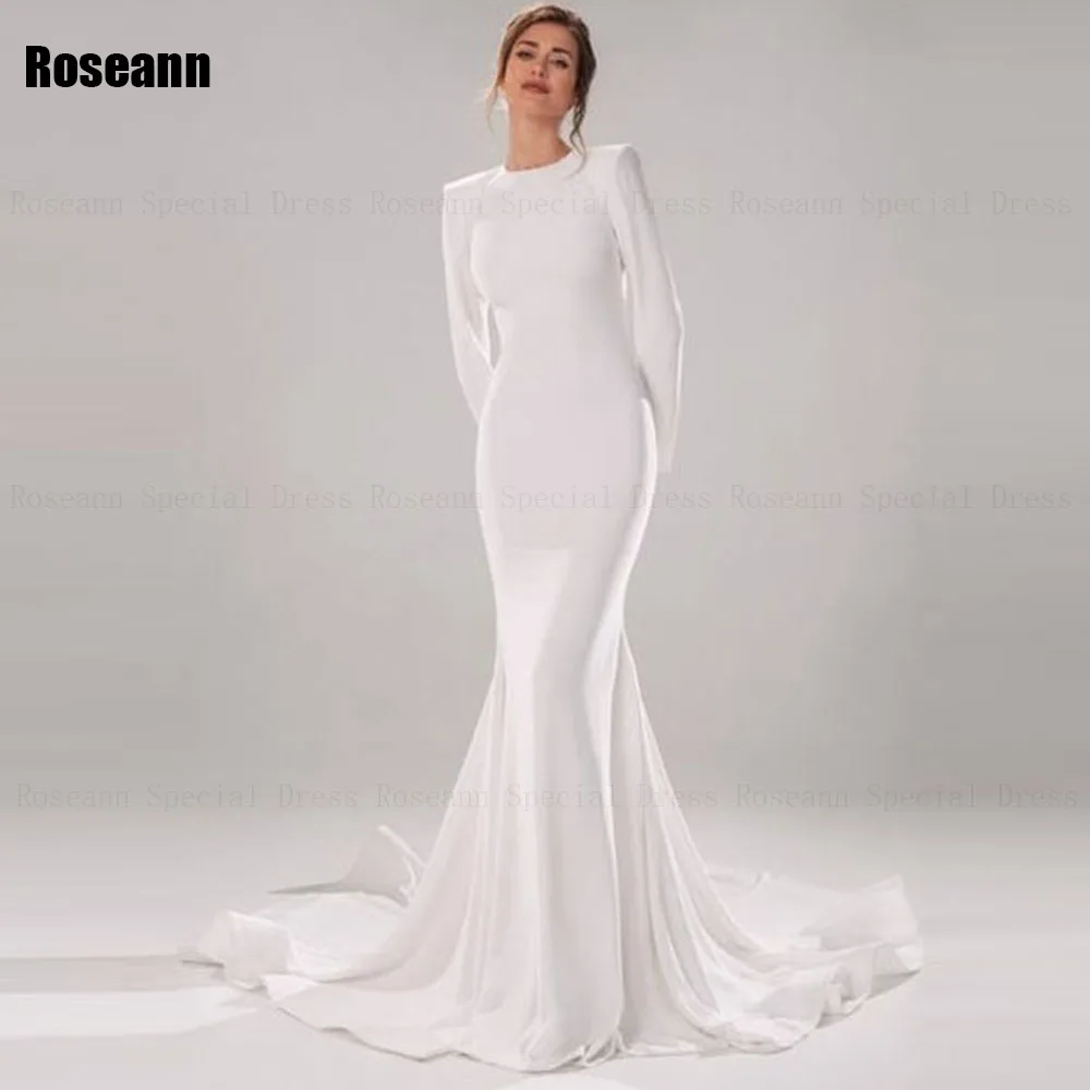 Muslim Exquisite Ivory Mermaid Wedding Dresses 2024 Design Satin Brush Train O-Neck Full Bride Gown Floor Length robe de mariée