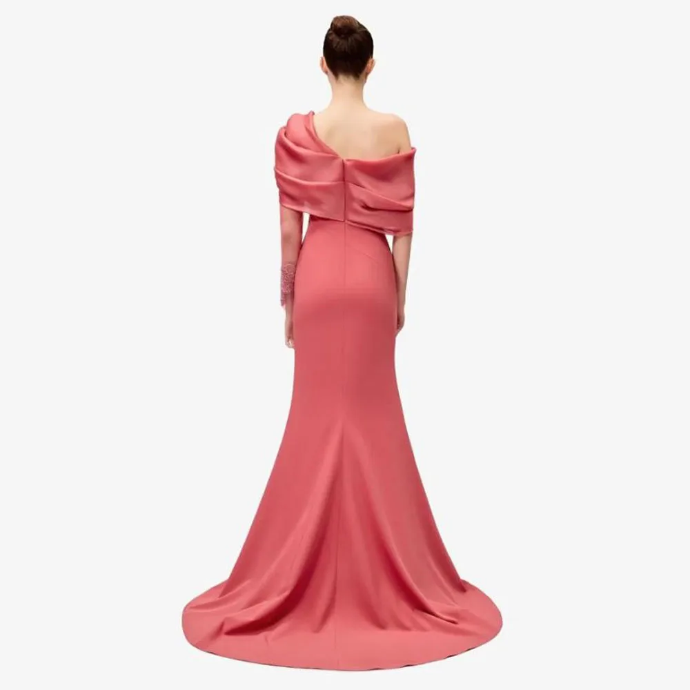 Vestidos de Noche personalizados de una sola manga con hombros descubiertos, vestido de noche Formal plisado, vestido de fiesta de boda de satén Coral