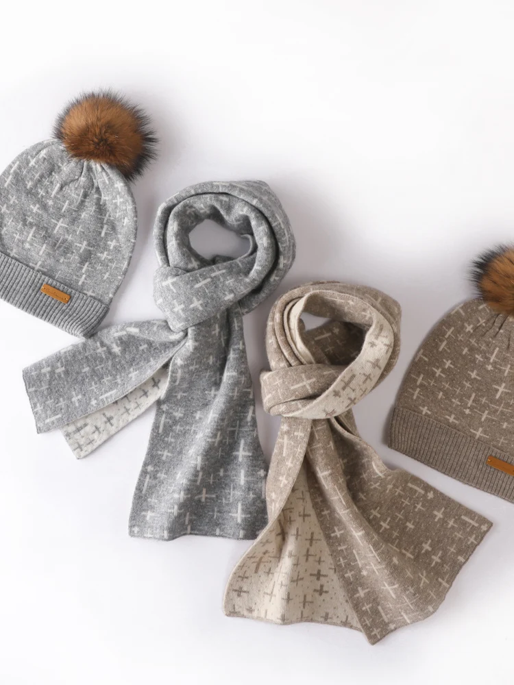 ชุดหมวกและผ้าพันคอไหมพรมขนแกะเมอริโนแท้ 100% สำหรับผู้หญิง สไตล์ลำลอง อุ่น นุ่ม แฟชั่นฤดูใบไม้ร่วงและฤดูหนาว  ชุดหมวกและผ้าพันคอไหมแคชเมียร์