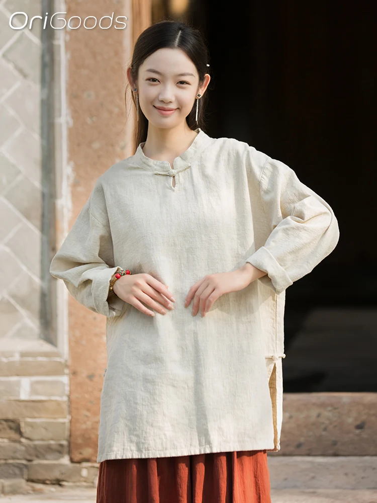 OriGoods Long Sleeve Tshirts Woman 2024 Spring Autumn Long Ramie Blouse Solid Beige Chinese Style Loose T Shirts Women Tops B257