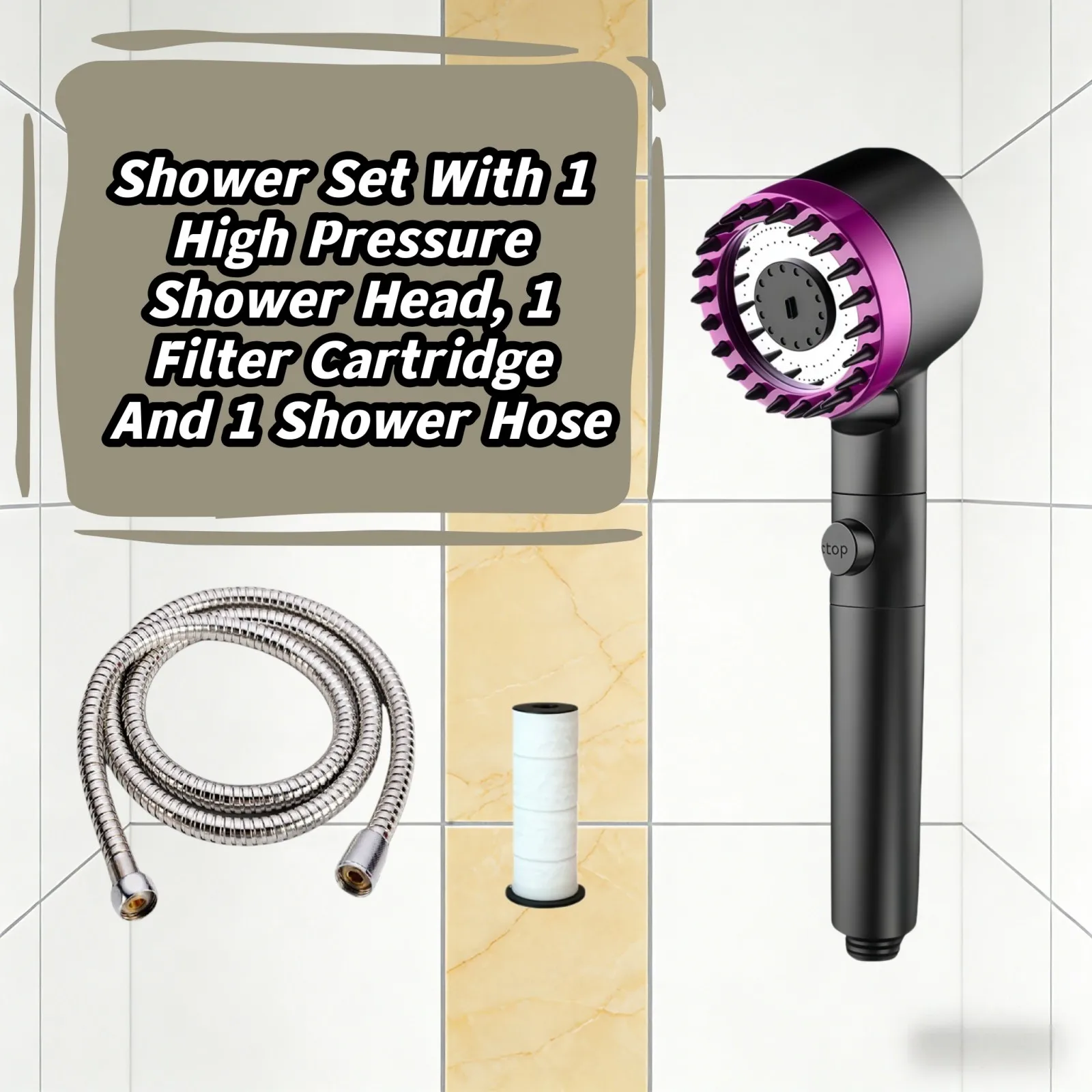 

3PCS Black Purple High Pressure Water Saving Shower Head Set 3Modes Adjustable One Key Water Stop with 1 Filter 59in Shower Hose