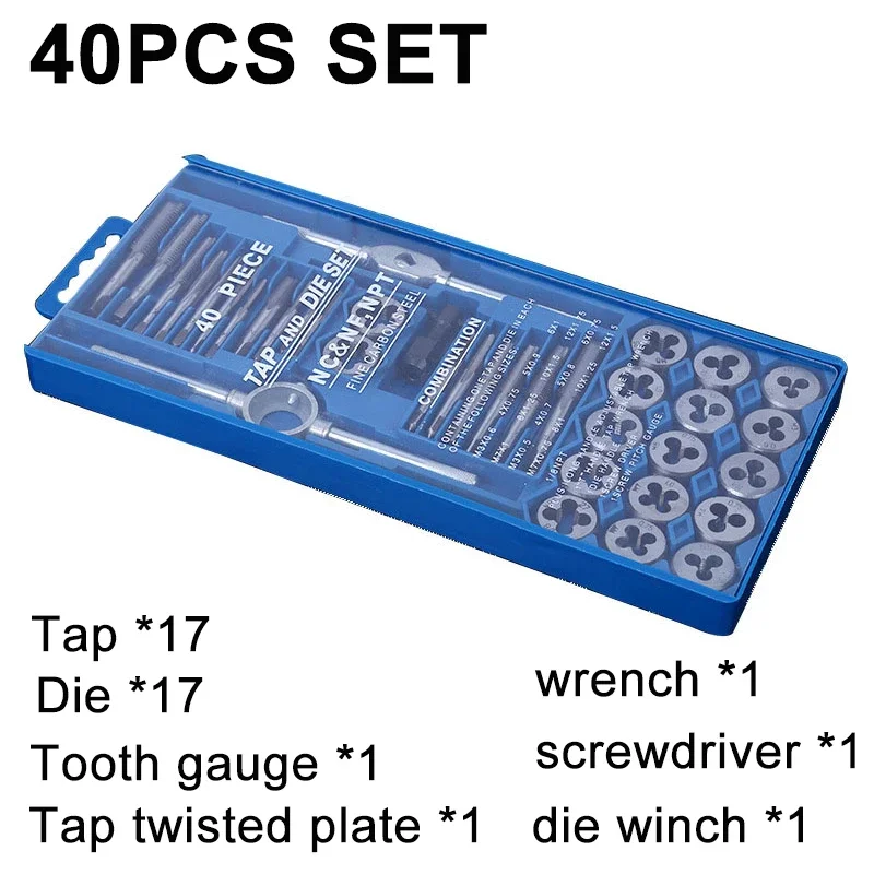 Imagem -06 - Metric Hand Tap e Die Grupo Screw Thread Plugs Straight Taper Reamer Wrench Threading Ferramentas Manuais M3-m12 12 20 40 Pcs