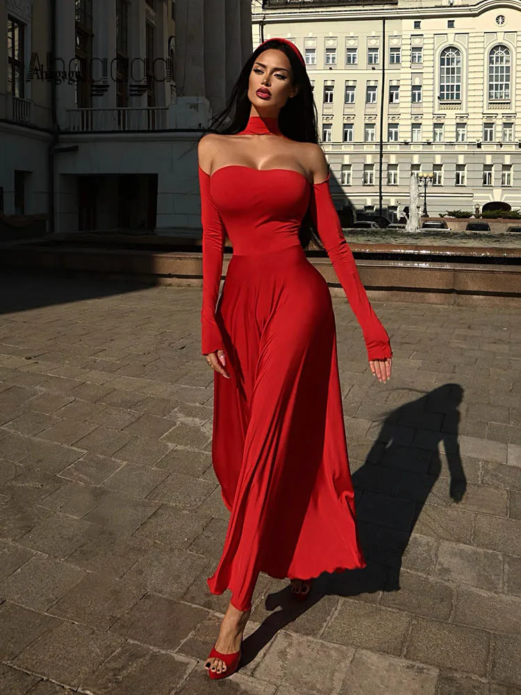 Ahagaga Fashion Women's Long Dresses Solid Slim Hollow Out Full Sleeves Strapless Elegant Party Streetwear Female Vestidos Robes