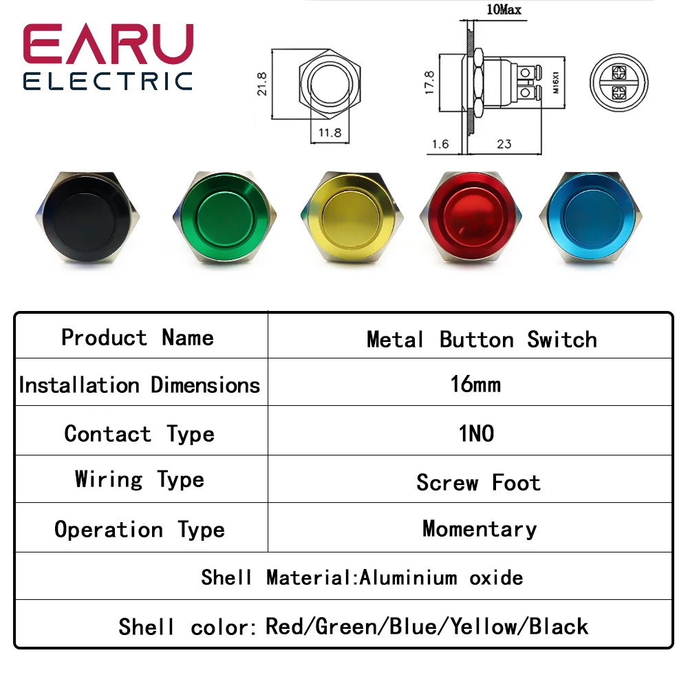 16mm Metal Button Switch Momentary Self-Reset 1NO Screw Foot High Head Complete Oxidation Button Red Yellow Blue Green Black