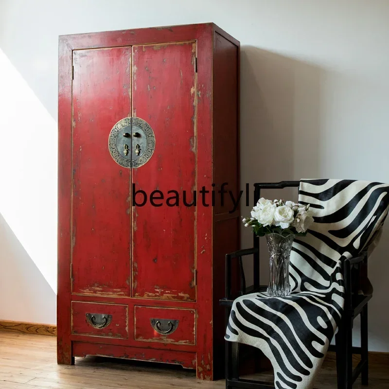 

11XZZNew Chinese style red antique old solid wood wardrobe pine door bedroom furniture