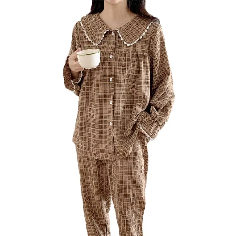 Plaid Sleepwear Women Pajama Sets Ruffles Piiama Korean Pants Sets for Women 2 Pieces Lace Night Wears Autumn Button Home Suit