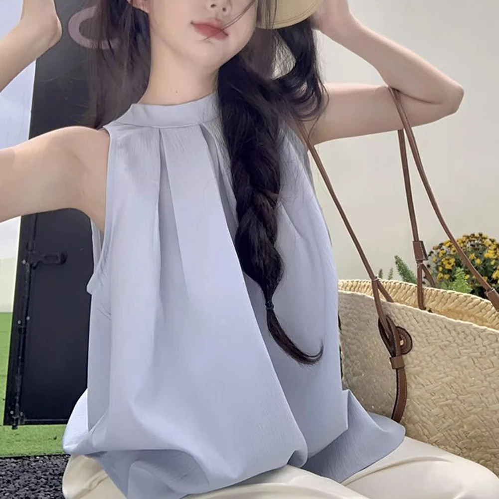 Chemisier noir sans manches, col licou, chemise à motif solide, vêtements printemps été automne, col rond, taille unique, convient à la plupart