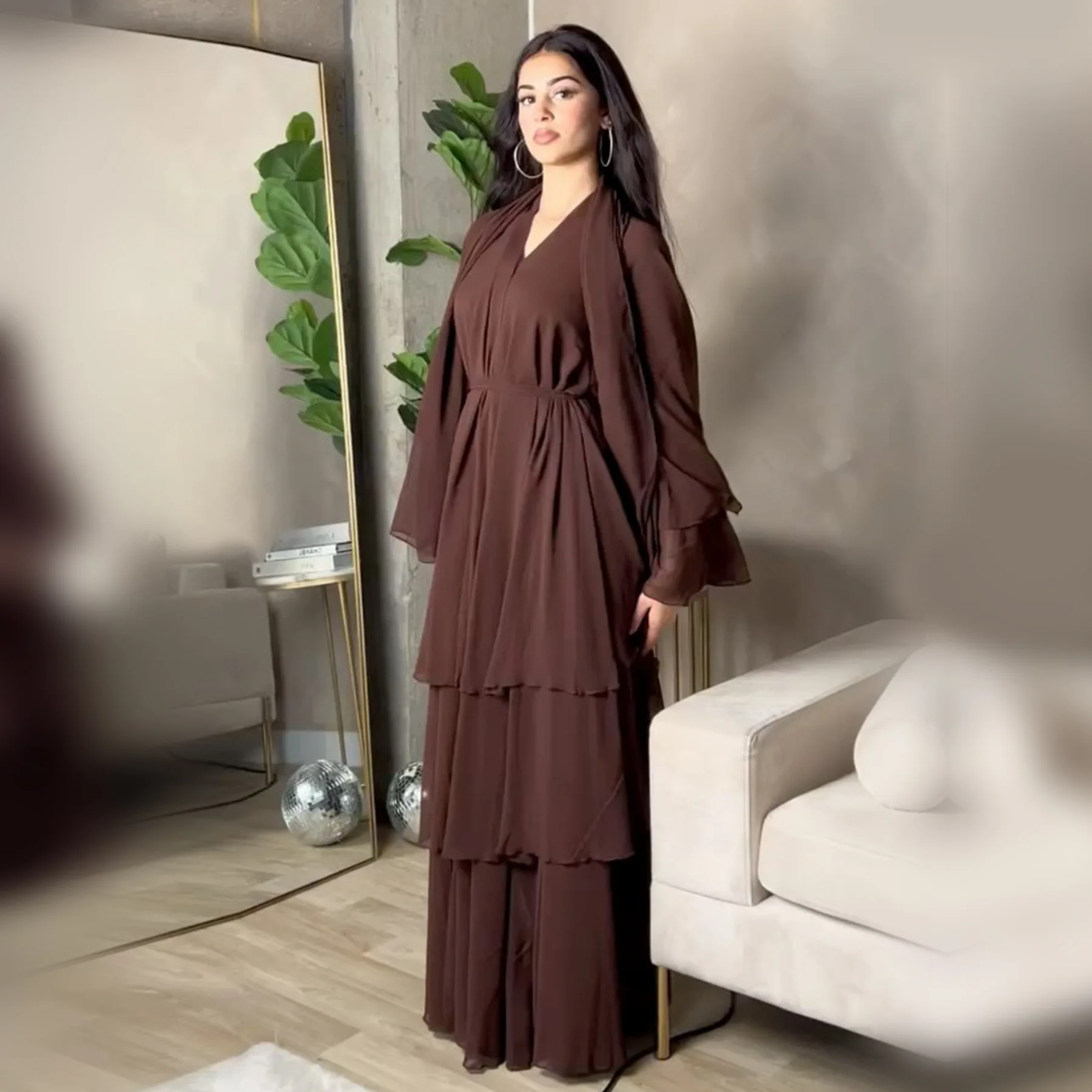 Chiffon Open Abaya Layered Women Kaftan Dubai Luxury Turkey Muslim Dress Islam Robe African Kimono Femme Clothing Caftan Fashion