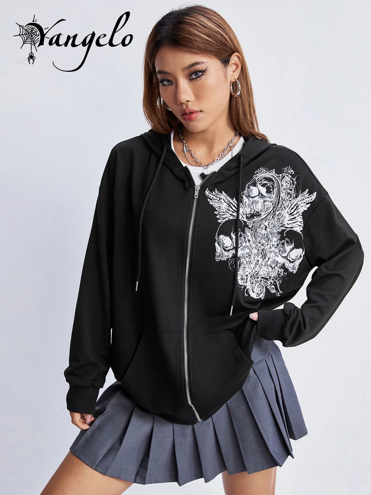 Yangelo Y2K Vintage Zip Up Hoodie Female Punk Black Print Loose Sweater E-girls Hip-hop Grunge Streetwear