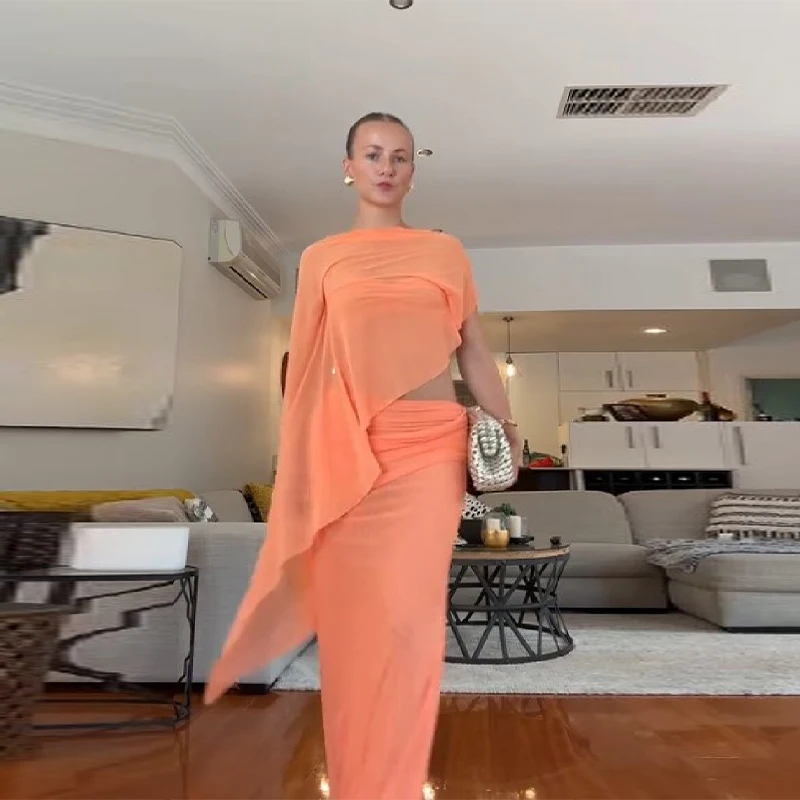

Women's Bright Orange See Through Top Skirt Sets Backless Shawl Vest Pleated Hem Straight Long Skirt 2026 New Lady Matching Sets