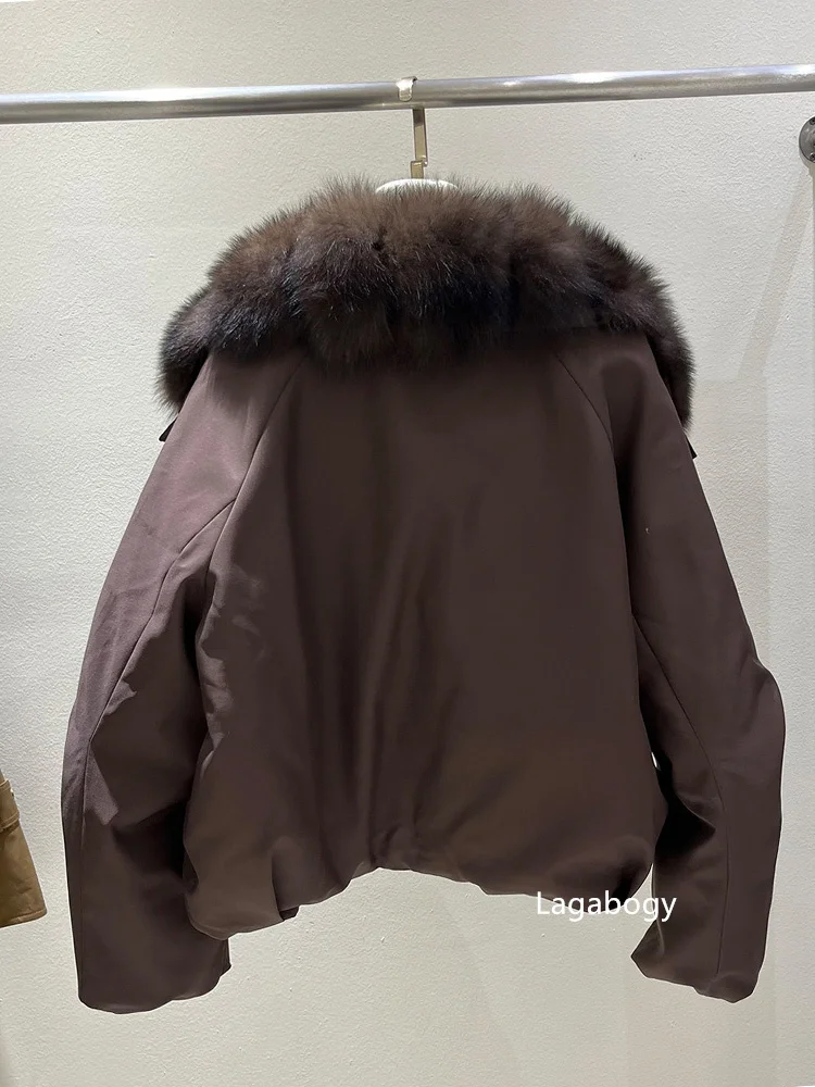 Lagabogy Women's Winter Down Jacket Real Fur Coat Huge Natural Fox Fur Duck Down Jacket Casual Female Feather Parka Puffer Coat