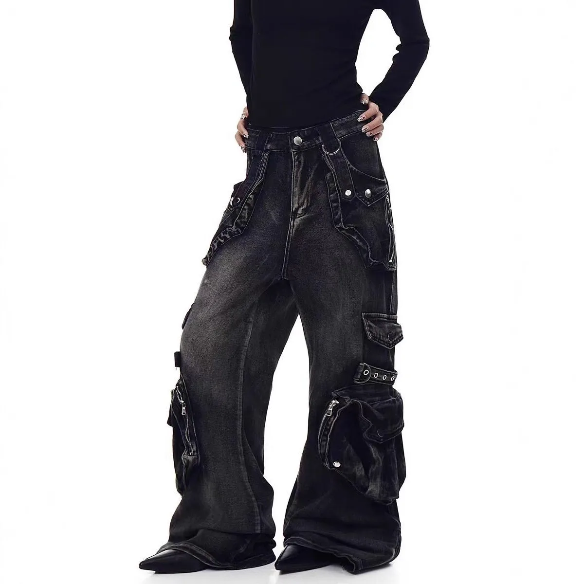 2026 Multi-pocket Design Sense High Street American Tooling Jeans Women's Wide Legs Loose Washed Old Pants Solid Female Trousers