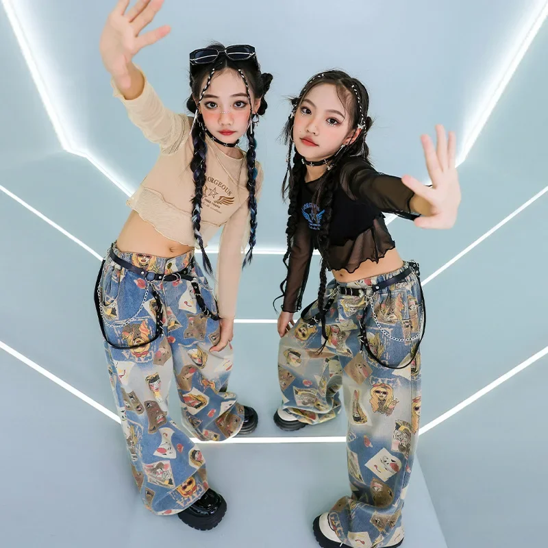 Jeans chauds pour filles, Streetwear, Costume de Jazz pour enfants, ensembles de vêtements de spectacle sur scène, Hip Hop, haut court en maille, pantalon en Denim de danse de rue