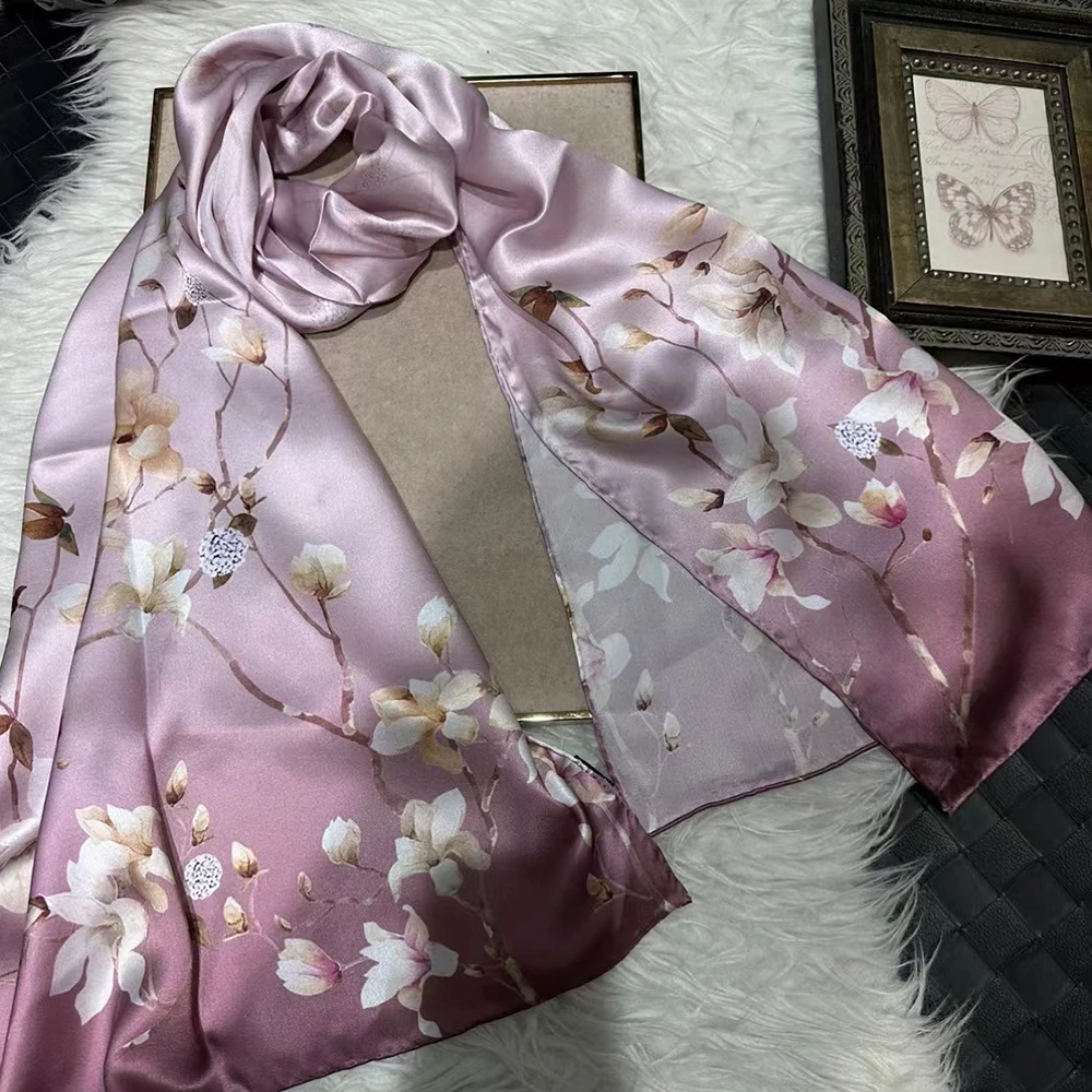 New Elegant Pink 100% Silk Scarf Shawl Printed Bufanda Women Fall Winter Fashion Floral Design Long Scarves Wraps Capes 175*53cm