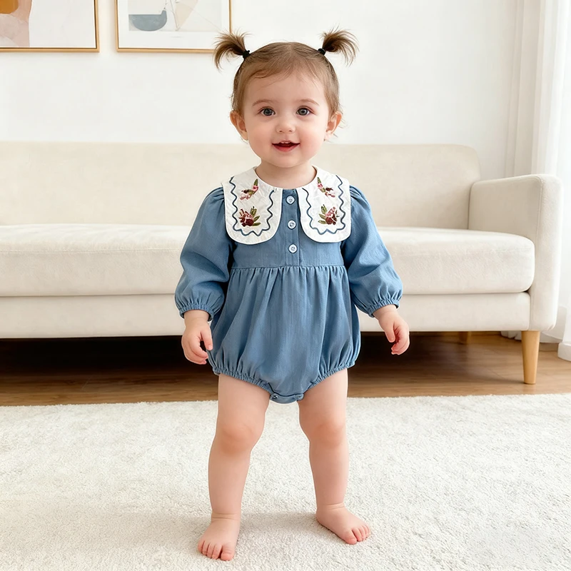 ربيع جديد 2026 ملابس الأطفال حديثي الولادة بدلة بناتي 0-24 متر بأكمام طويلة وطية صدر السترة مطرزة رومبير قطن بدلة بناتي #1