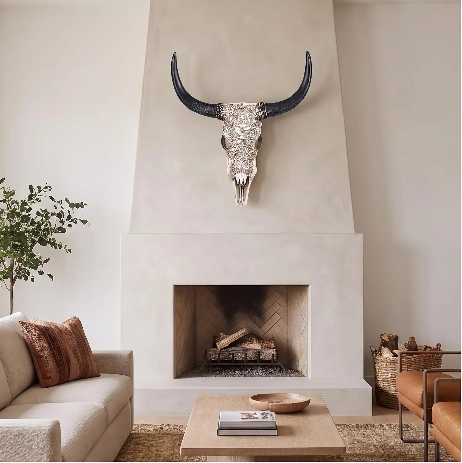 26 Inch Longhorn Bull Skull Wall Sculpture, Resin Cow Skull with Horns Wall Decor