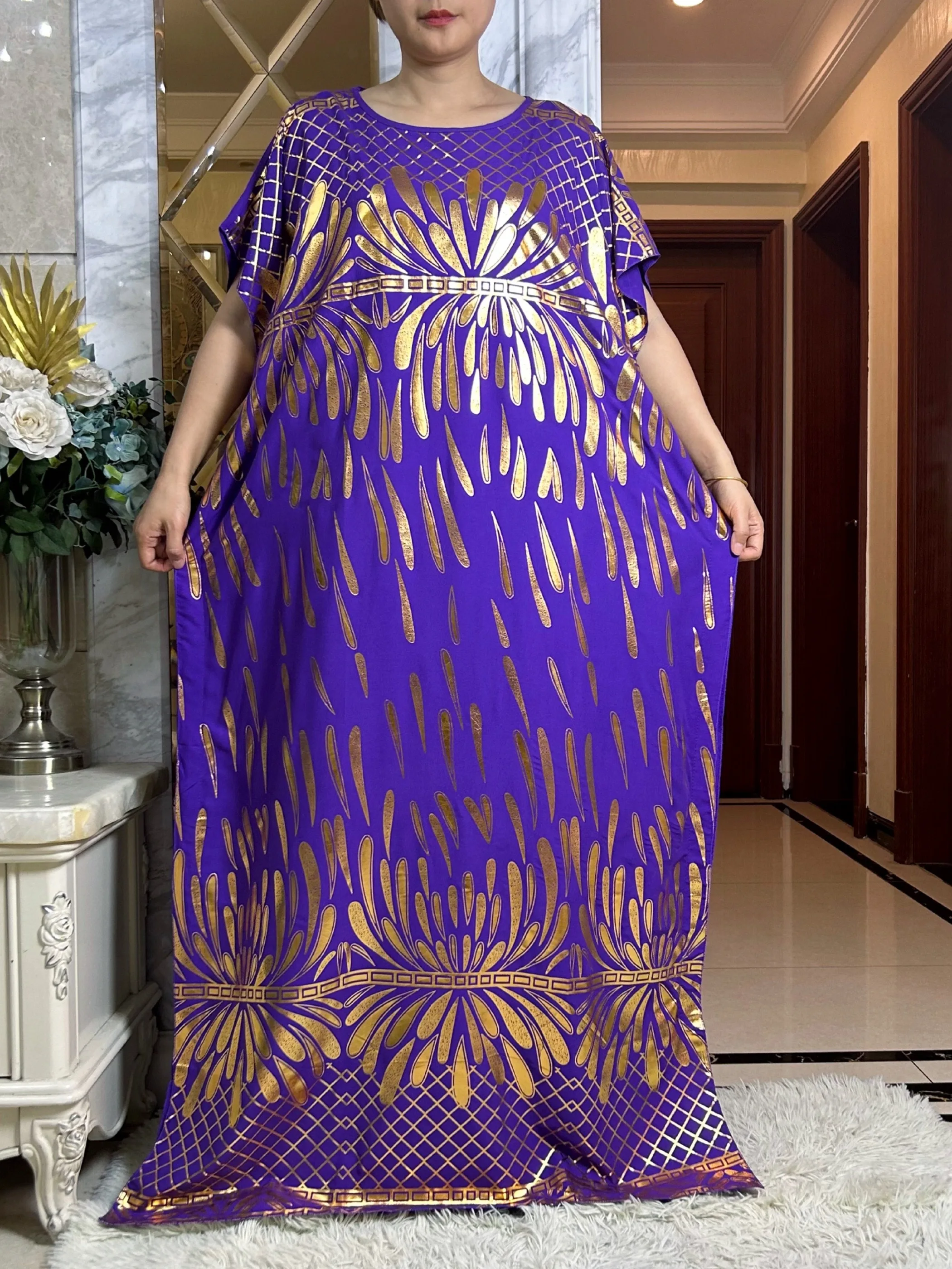 2024 New Summer Loose Short Sleeve Cotton Robe Gold Stamping Boubou Maxi Islam Femme Dress With Big Scarf African Abaya Clothes