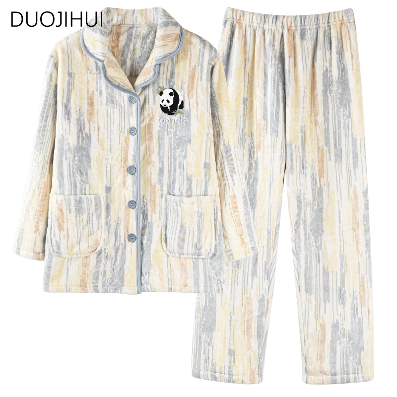 DUOJIHUI Flannel Two Piece Chicly Female Sleepwear Set Autumn Fashion Button Cardigan Simple Loose Pant Casual Pajamas for Women