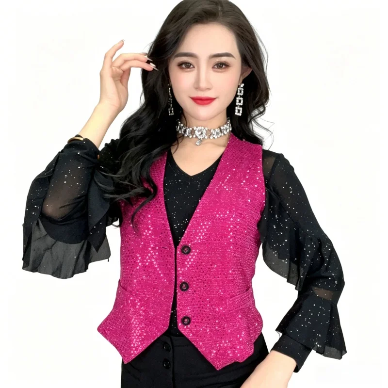 

Women's Sparkly Sleeveless Waistcoat Rave Music Festival Glitter Sequin Suit Vest V-neck Hip Hop Jazz Dance Costume 2133