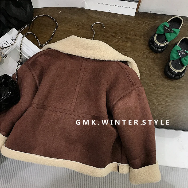 Korean Children's Clothing Boys and Girls Autumn Winter Jacket Fashionable Turn-down Collar Stylish Children's Warm Fleece Suede