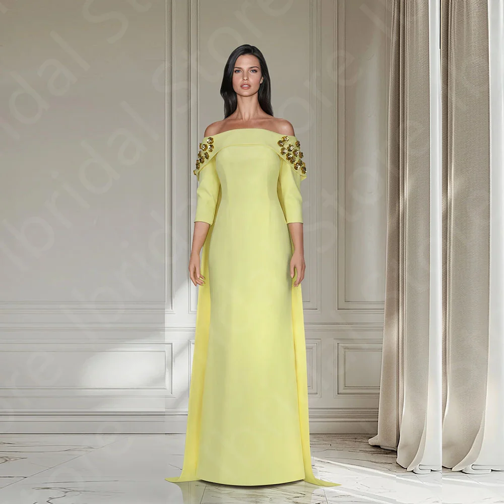 

Customized Vintage Yellow Evening Dresses with Cape Arabic Prom Gowns Off Shoulder Sleeves Wedding Guest Dresses Sweep Train