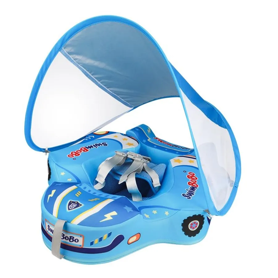 

Baby pool floats with canopy, non-inflatable soft skin-friendly fabric, blue and yellow, UV-protective shade and ergonomic supp