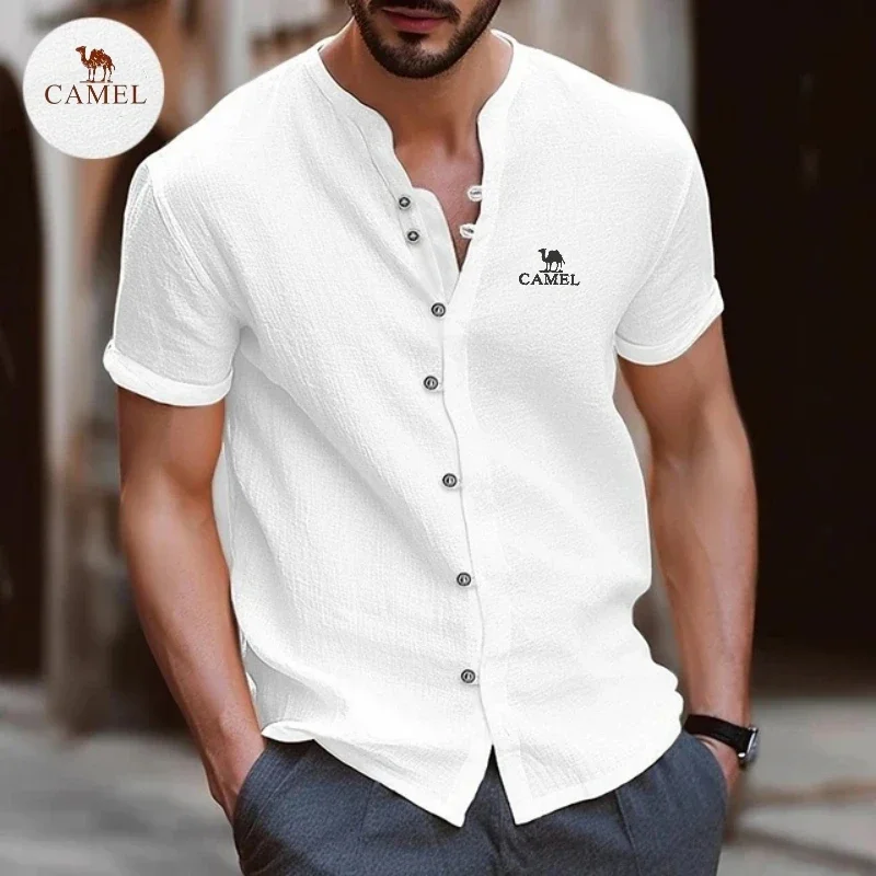 High End Embroidered CAMEL Vintage Cotton Linen Shirt, Summer Men's Fashion Trend, Casual Sports Short Sleeved Polo Shirt Top