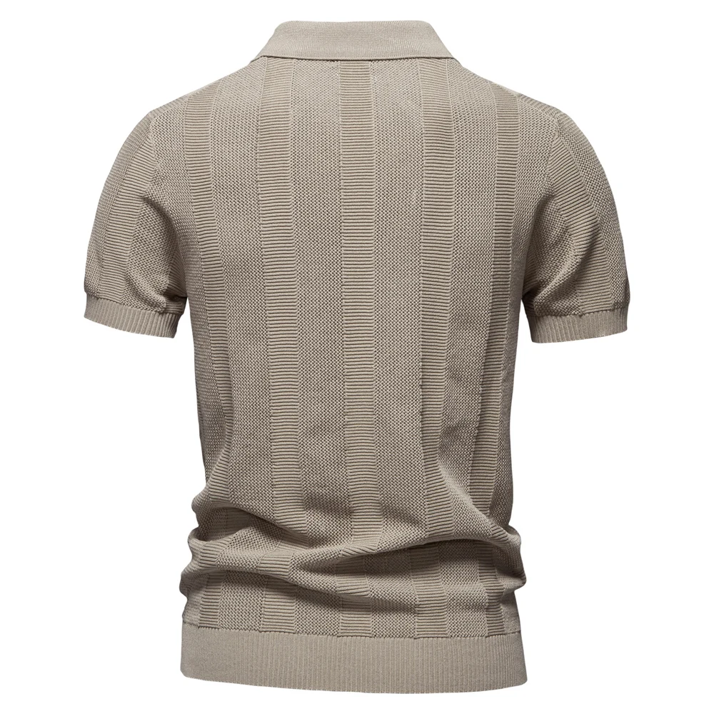 AIOPESON New Men's Striped hollow short sleeves Mesh Polo Shirt - Breathable Knit Casual Top with Turn-Down Collar