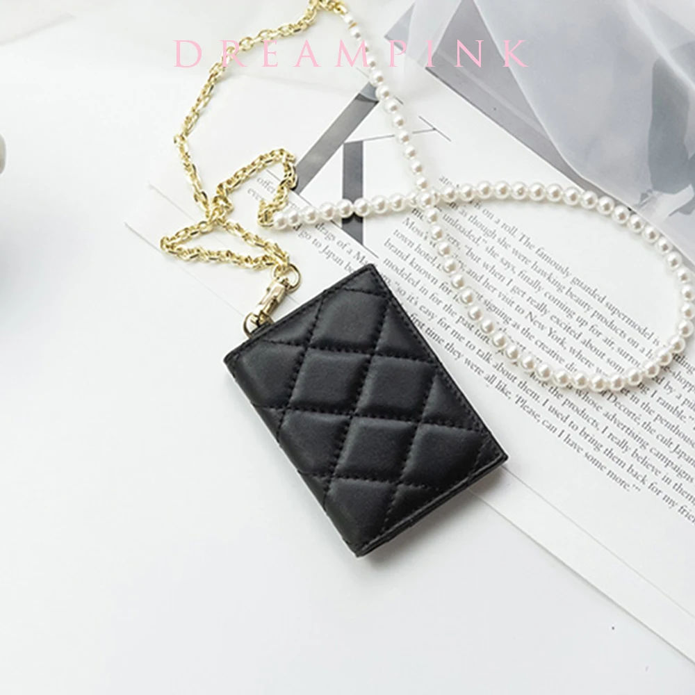 

Elegant Access ID Card Holder Luxury Diamond Quilted Genuine Leather Women Badge Holder Pearl Neck Strap Office Lady Card Sleeve