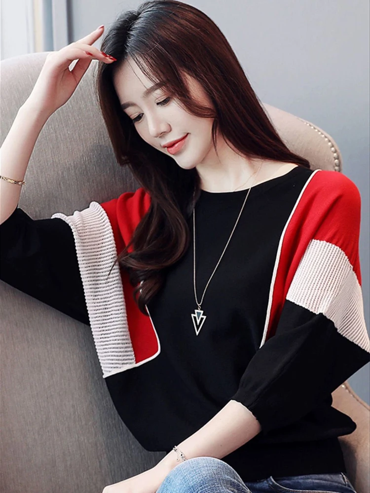 

Color blocking striped seven quarter sleeves knitted sweater autumn new Korean version casual age reducing pullover top