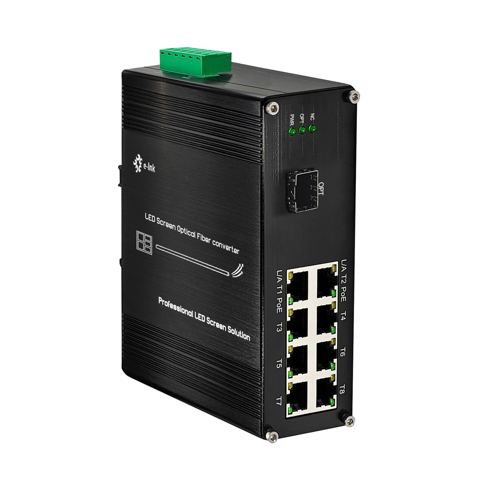 

Industrial 8 Port LED Screen PoE Network Transceivers with 1x10G SFP+ Fiber Port, 10/100/1000M RJ45 Ports Fiber Media Converter