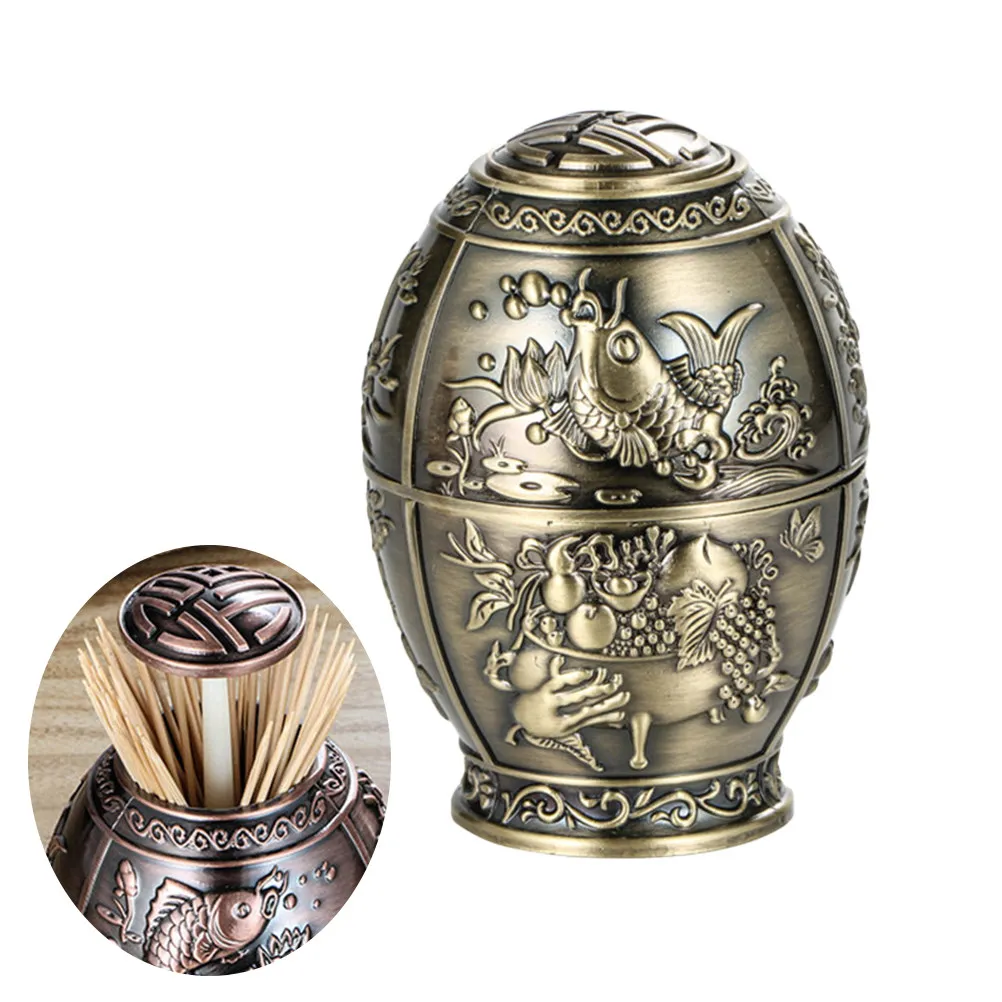 Chinese Style Toothpick Storage Tube Vintage Metal Blessing Fu Word Hand Press Barrel Festive Auspicious Pattern Green Bronze