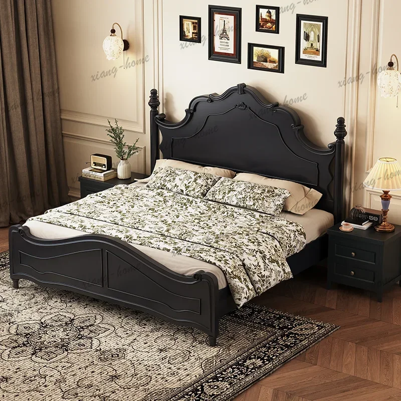 FG French Retro Bed Black American Style Slat Frame Solid Wood Double Bed Set Furniture Silent Cloth Wrap Round Corner Multicolo