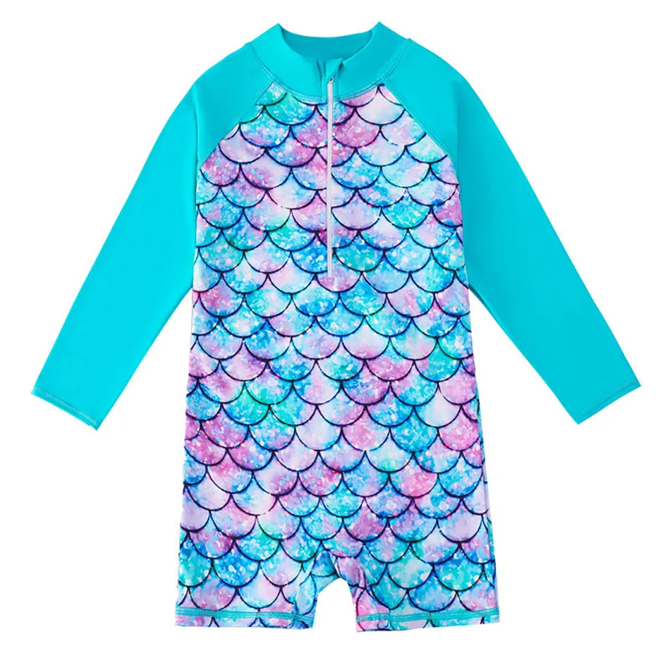 Kids Long Sleeve One Piece Mermaid Fish Scale 3D Printed Swimsuit Girls UPF 50+ Sun Protection Swimwear Surf Water Sports Wear