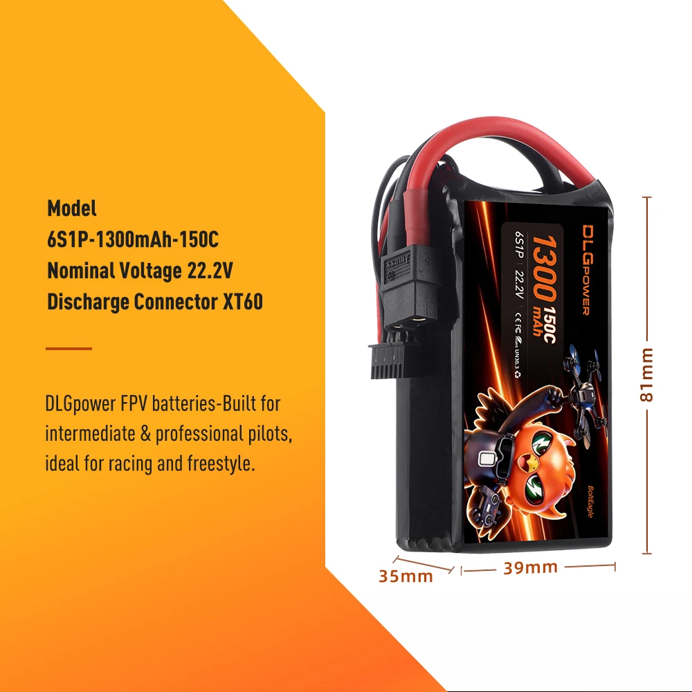 DLGpower 6S 1300mAh 150C LiPo Battery 22.2V XT60 FPV Battery for 5‑6 Inch Racing Freestyle Quadcopter RC Crawler Off‑road Car