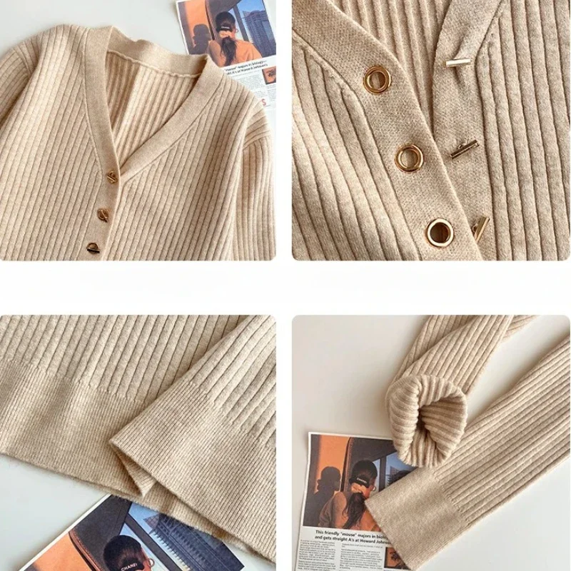 2025 عادية سليم زر بلوفر مغزول الخريف الشتاء النساء البلوزات سترة فام الأساسية الصلبة جيرسي القمم موضة الملابس