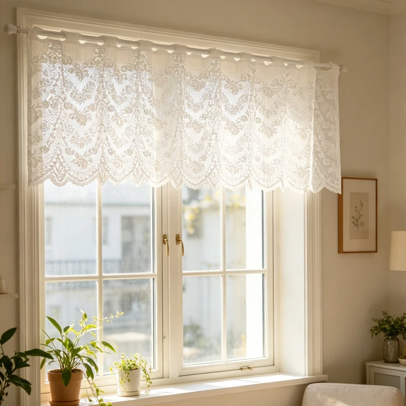 Retro White French Lace Half Curtain Wavy Edge Kitchen Short Curtain Bay Window Treatment for Home Decor